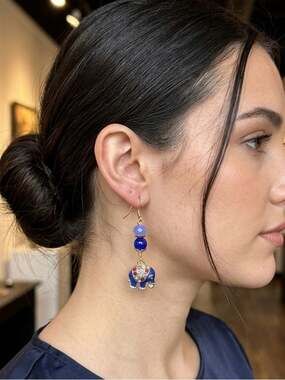 Artisan Blue Elephant Hand Wrapped Crystals 14K Gold Ear Wire Earrings